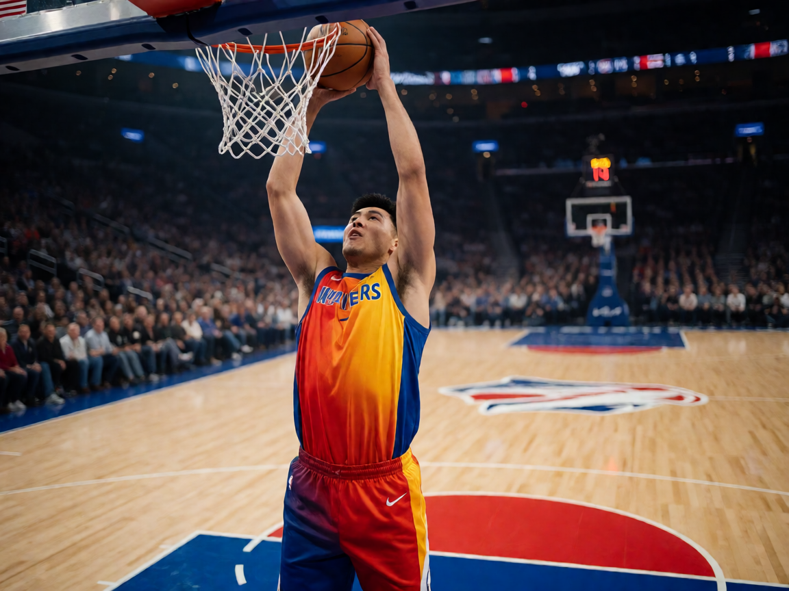 NBA篮球比赛现场，球员扣篮瞬间